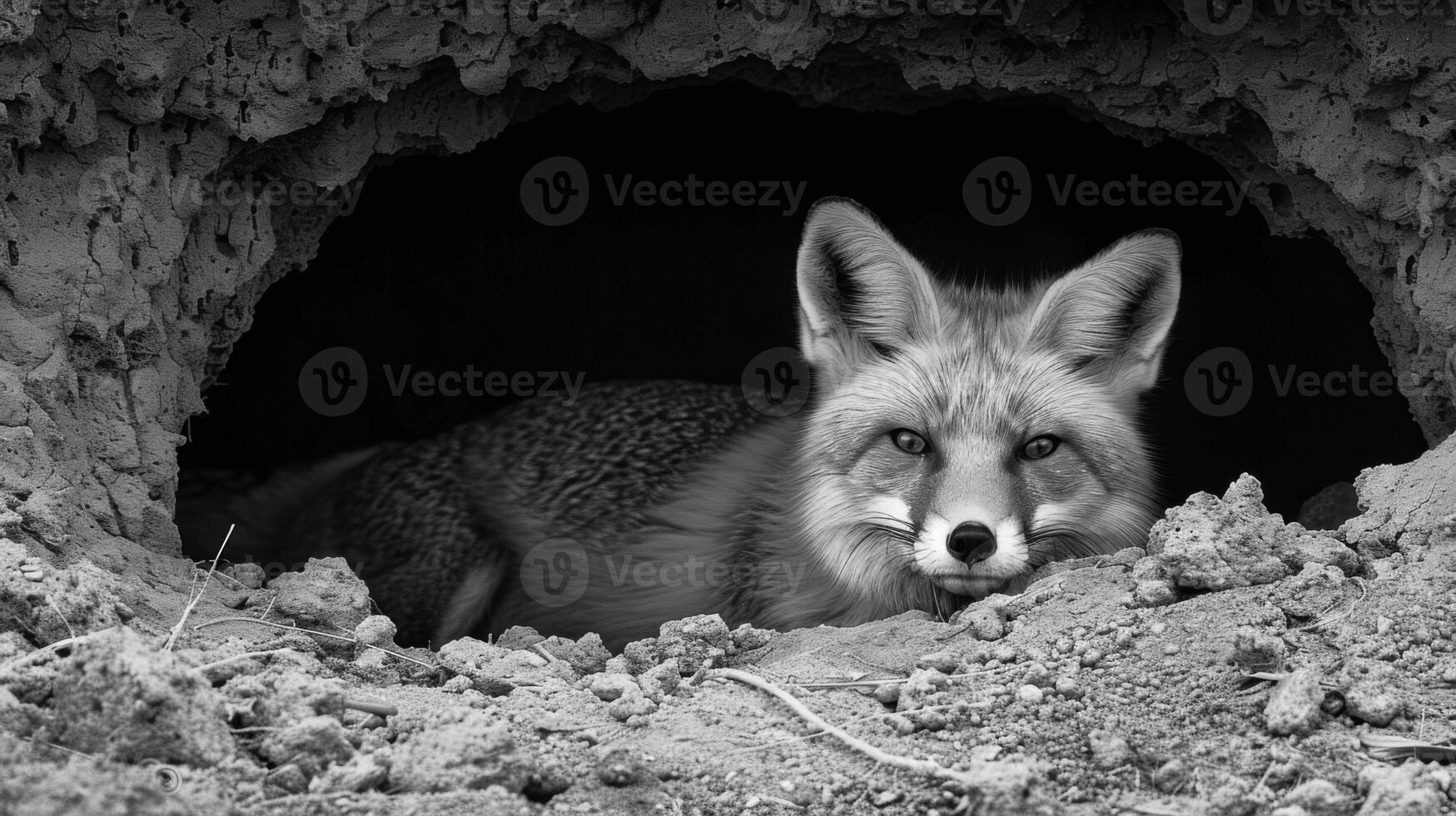 A black and white photography of a fox in the wild photo