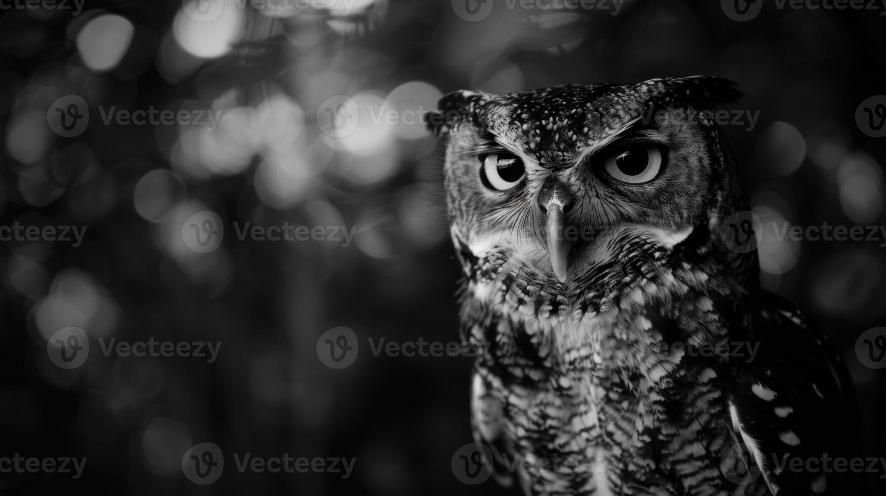 Black and White Photo of Owl in Wilderness
