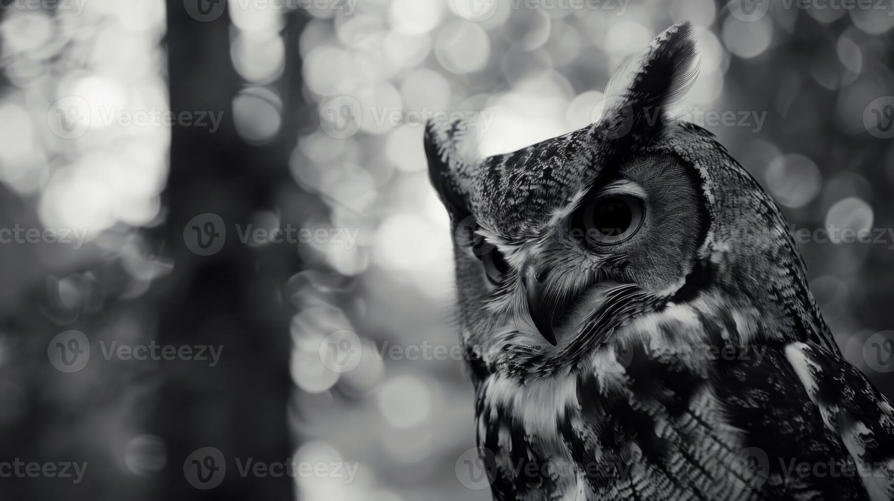 Black and White Photo of Owl in Wilderness