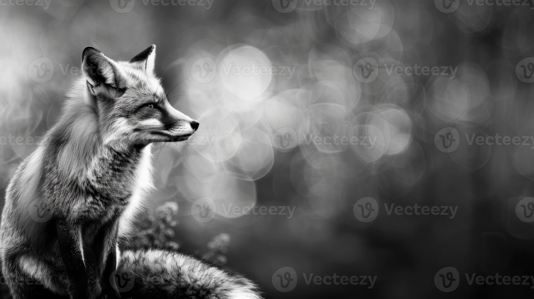 A black and white photography of a fox in the wild photo