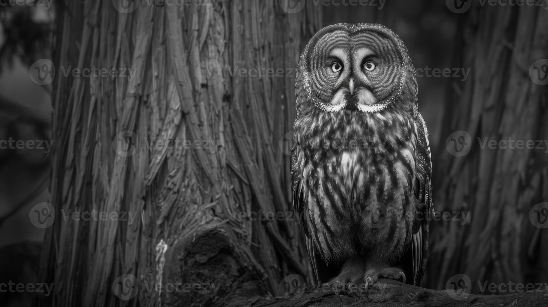 Black and White Photo of Owl in Wilderness