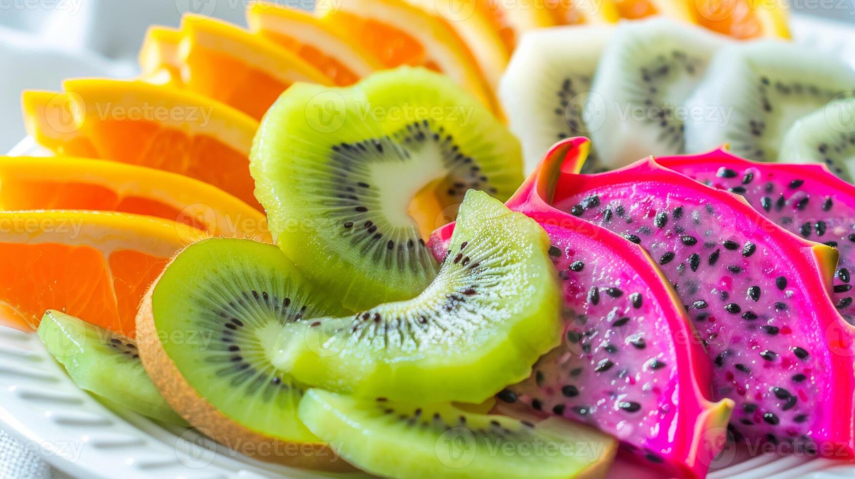 A vibrant close up of a colorful fruit platter photo