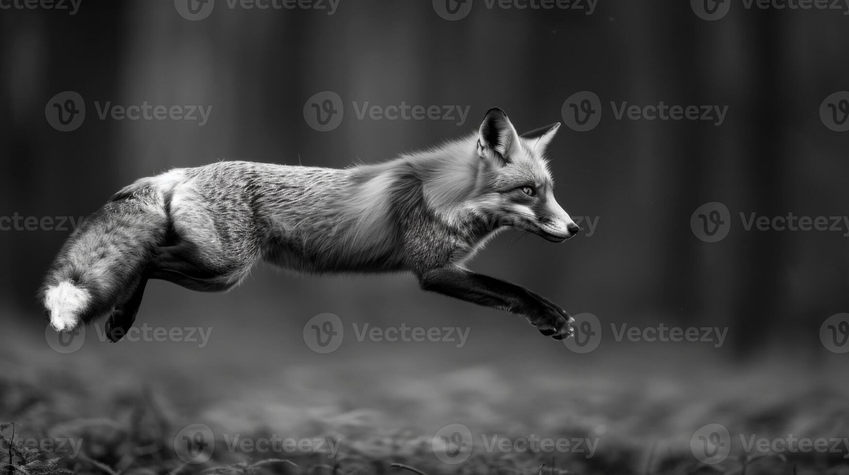 A black and white photography of a fox in the wild photo