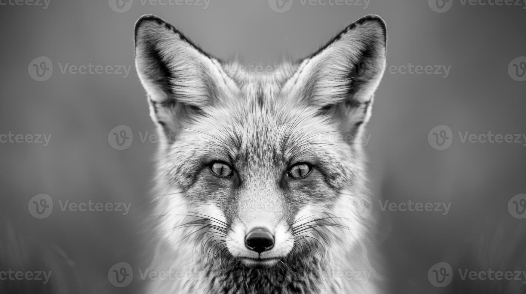 A black and white photography of a fox in the wild photo