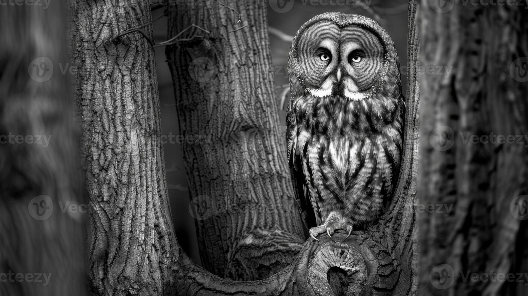 Black and White Photo of Owl in Wilderness