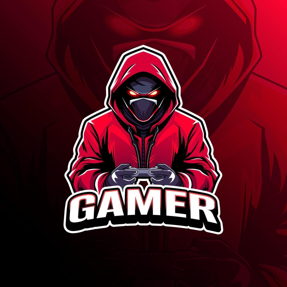 Man with mask holding joystick game controller mascot logo design for badge, emblem, esport and t-shirt printing vector