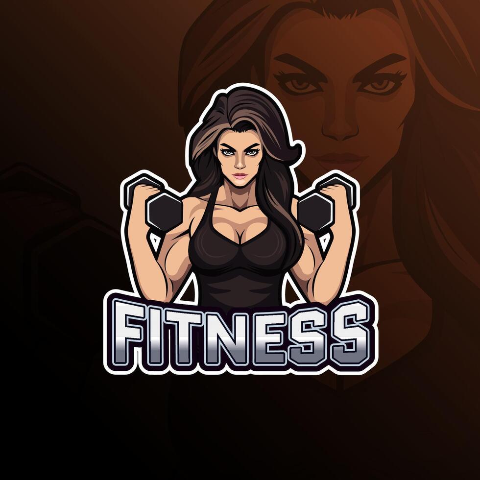 Fitness woman with dumbell mascot logo design for badge, emblem, esport and t-shirt printing vector