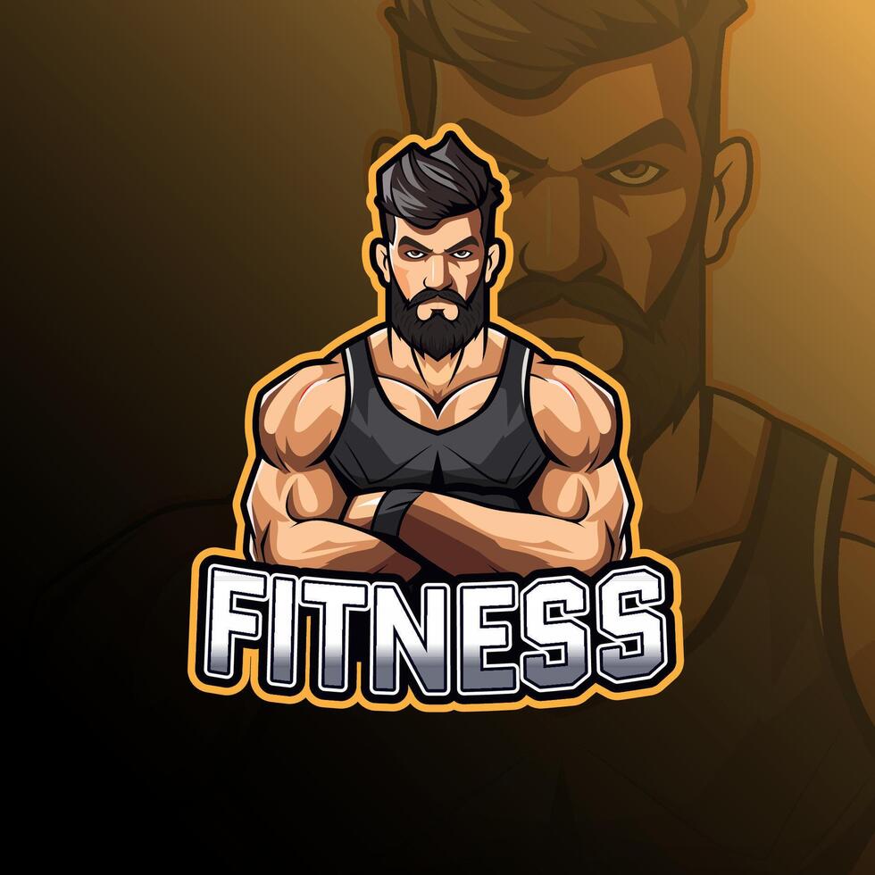 Fitness man mascot logo design for badge, emblem, esport and t-shirt printing vector