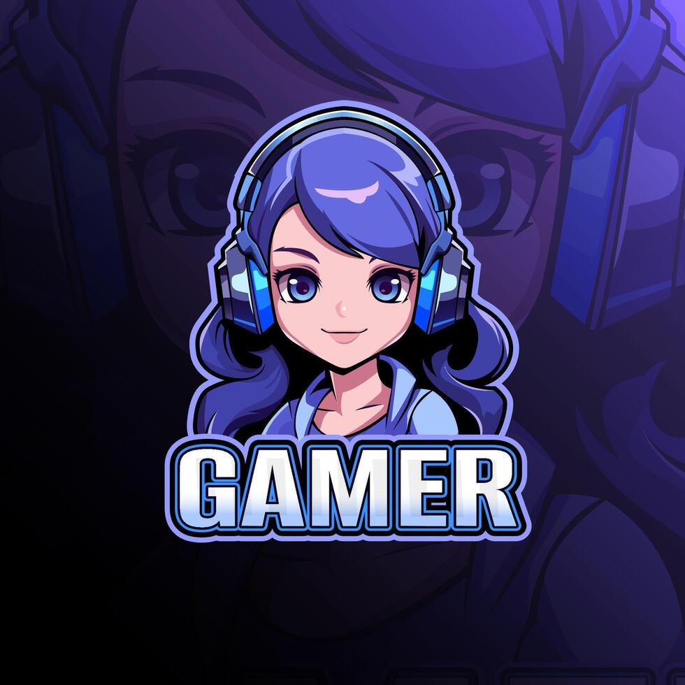 Girl with headphone mascot logo design for badge, emblem, esport and t-shirt printing vector