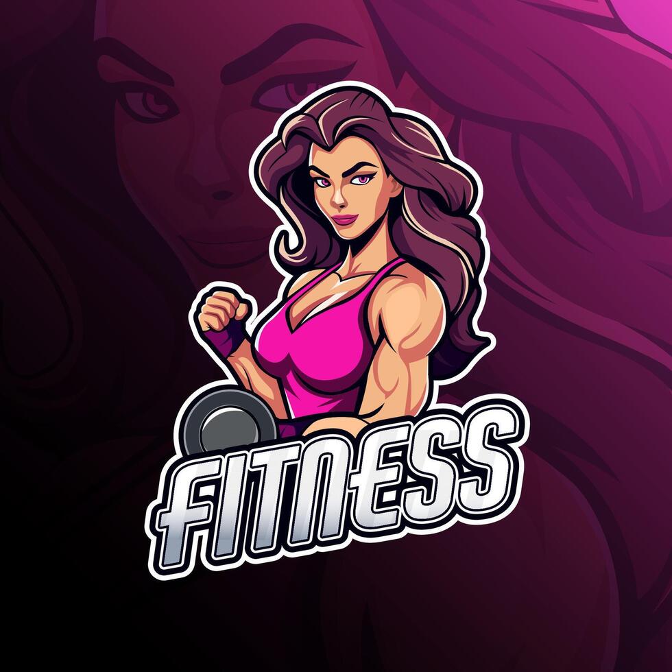 Fitness woman with barbell mascot logo design for badge, emblem, esport and t-shirt printing vector