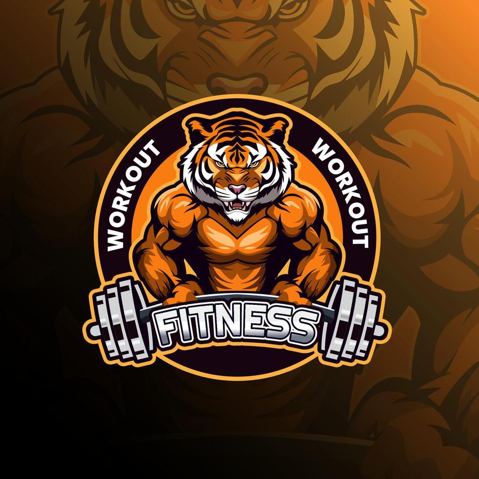 Tiger fitness with barbell mascot logo design for badge, emblem, esport and t-shirt printing vector