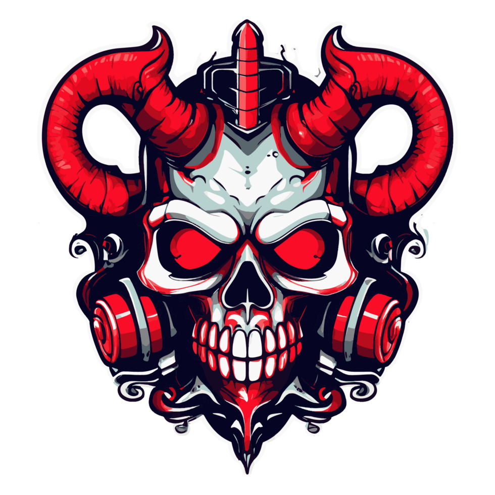 Illustration of a red, horned devil skull png