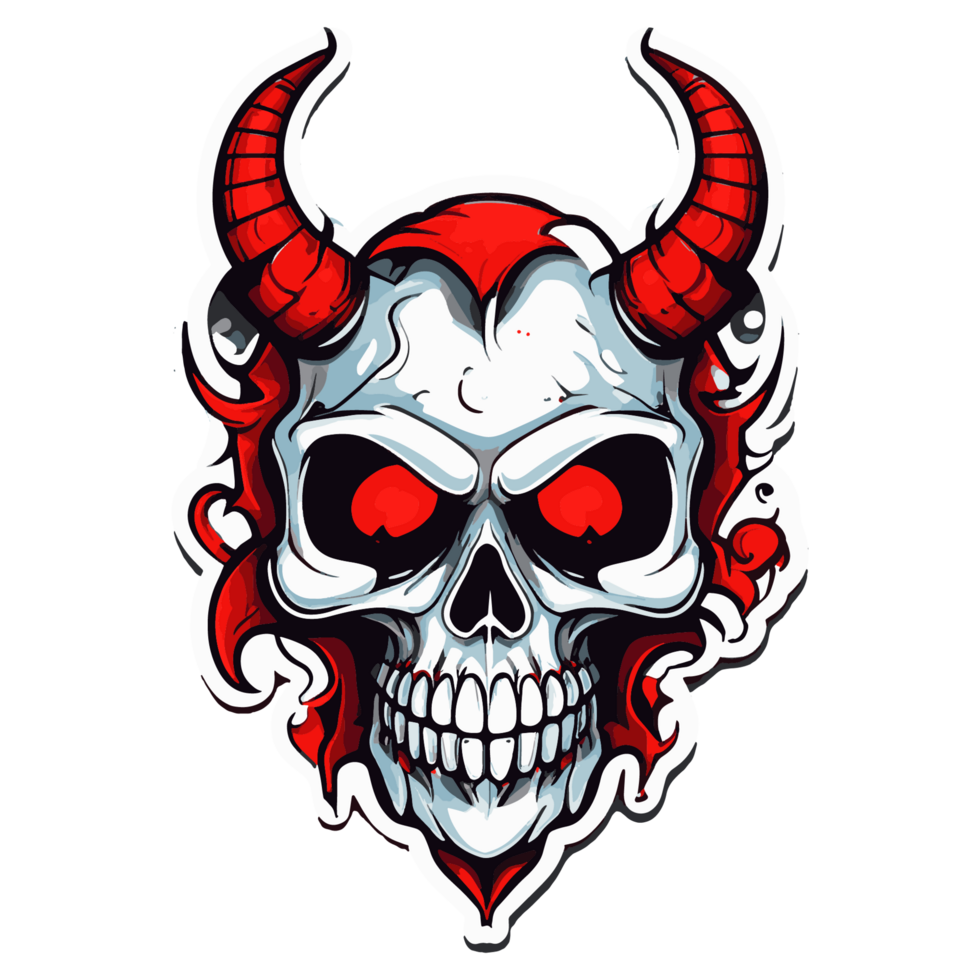 Illustration of a red, horned devil skull png