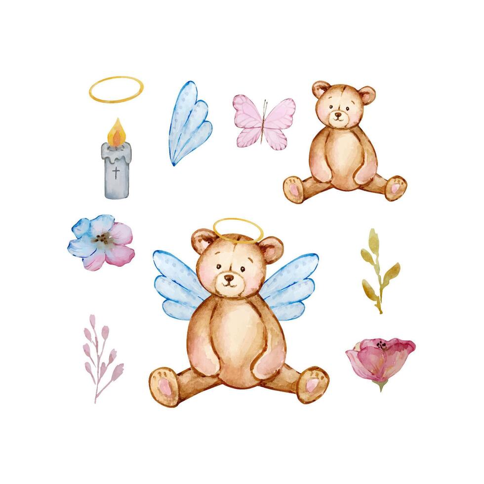 Watercolor cute baby angel bear vector