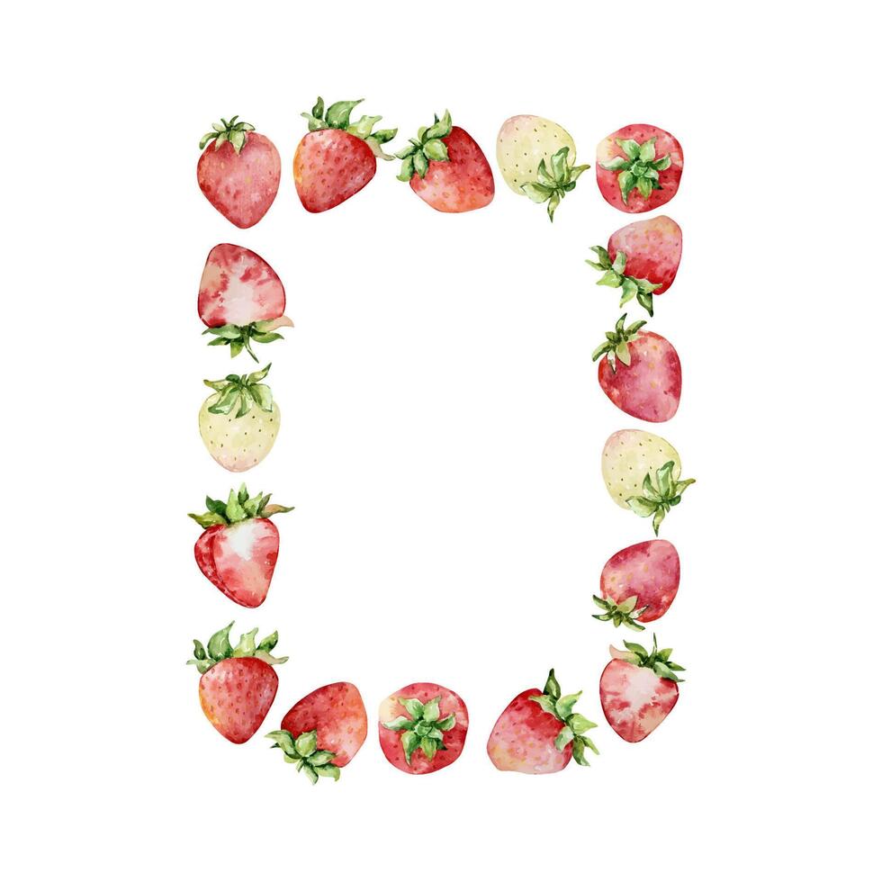 Watercolor strawberries wreath, red berries vector