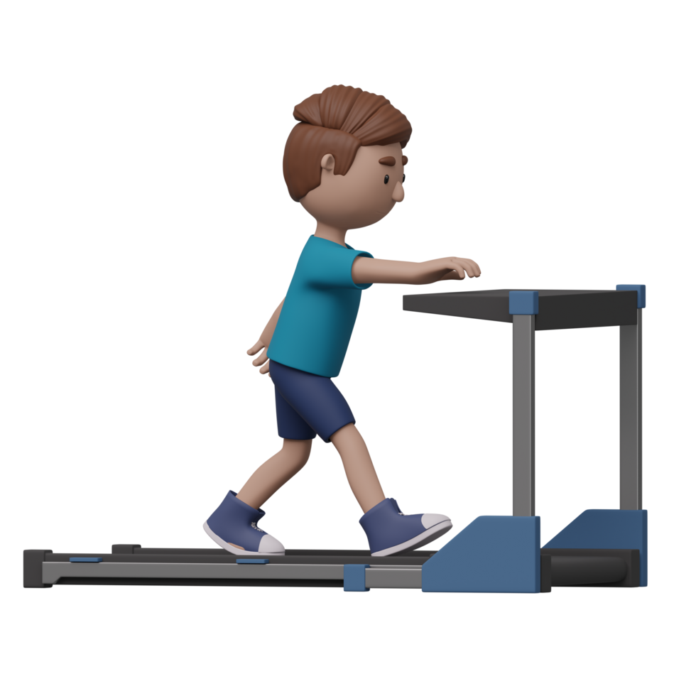 A cartoon boy is walking on a treadmill. 3d render png