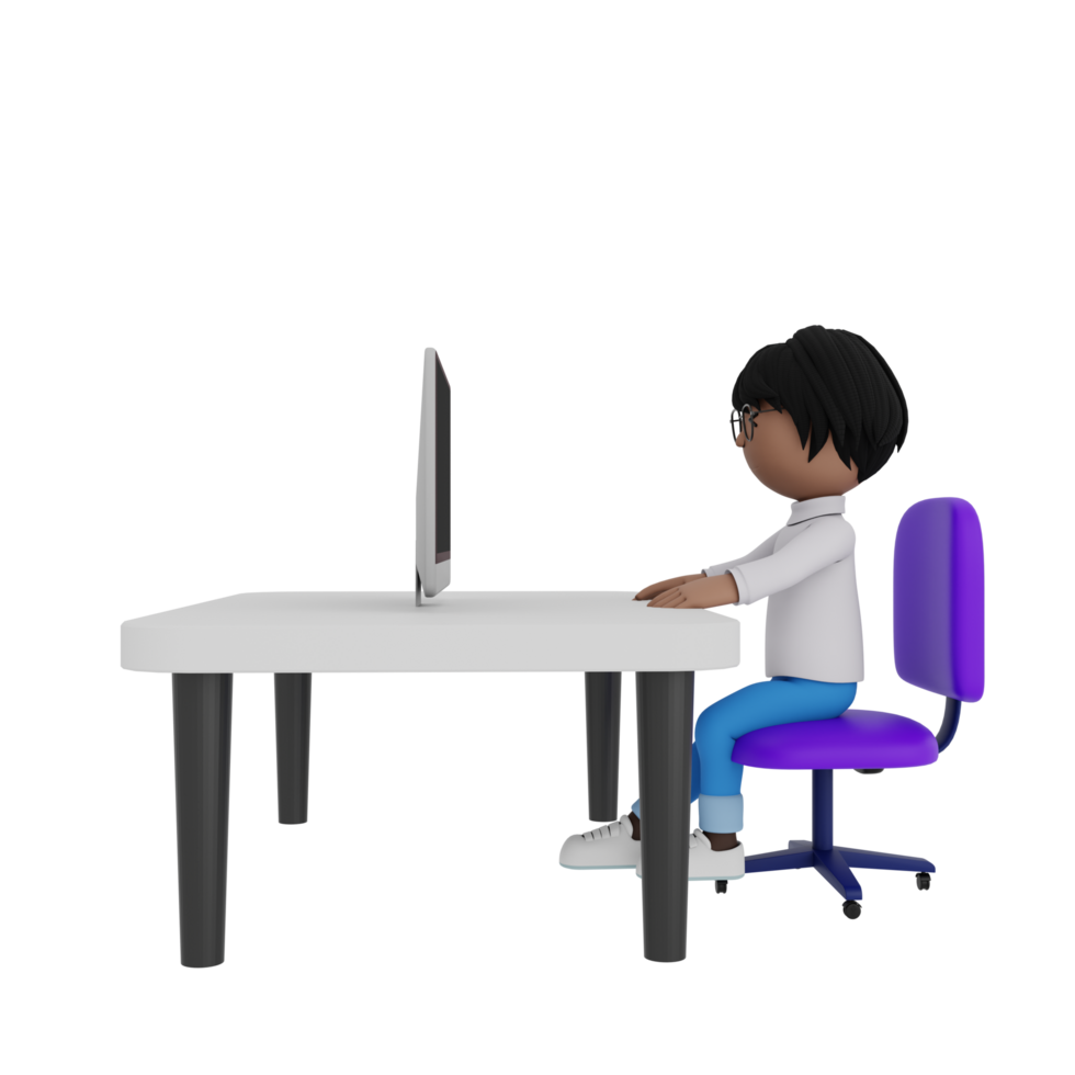 A cartoon character is sitting at a desk with a computer monitor in front of him png