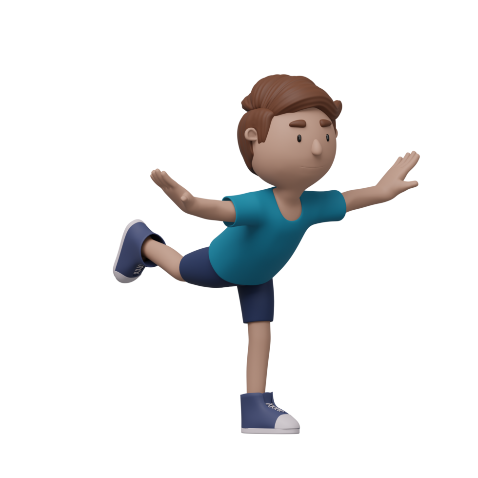 A cartoon boy is doing a yoga pose. 3d render png