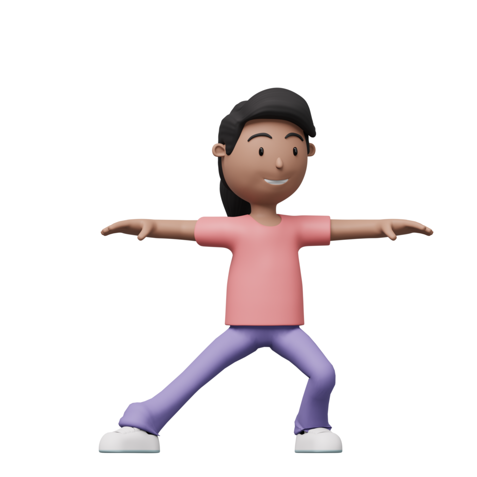 A cartoon woman is doing a exercise and yoga pose. 3d render png