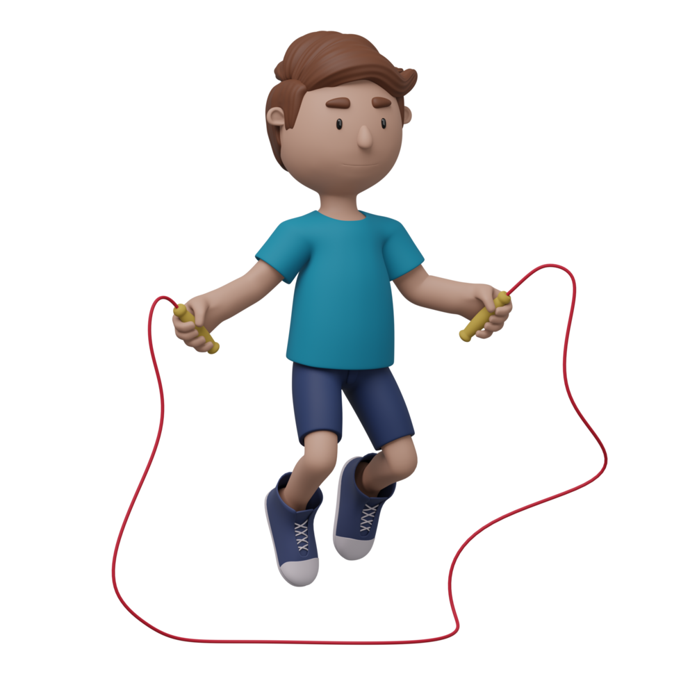 A cartoon boy is jumping over a rope. The boy is wearing a blue shirt and blue shorts. 3d render png