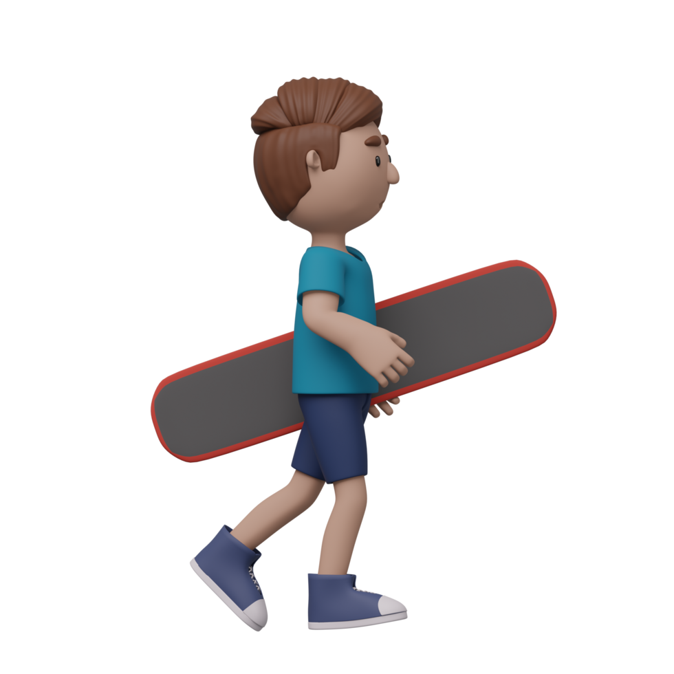 A cartoon boy is skateboarding. He is wearing a blue shirt and blue shorts. 3d render png