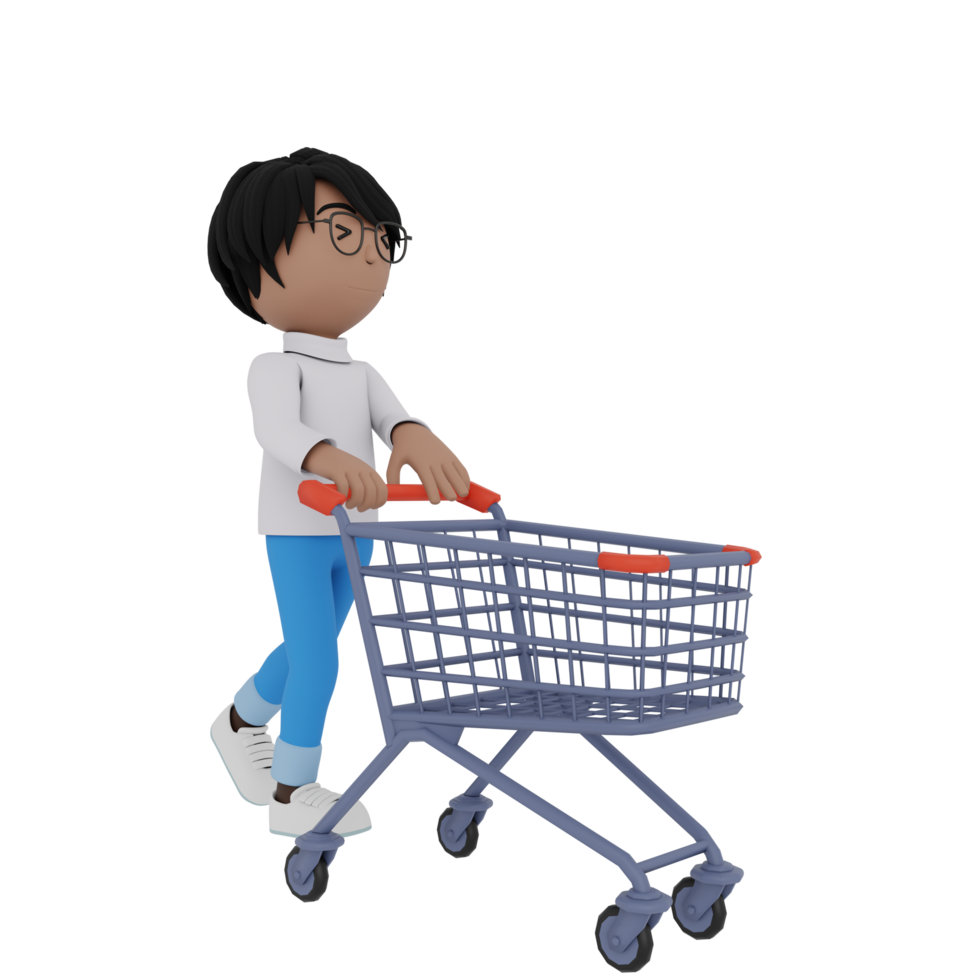 A cartoon character is holding a shopping cart and walking down a store aisle png