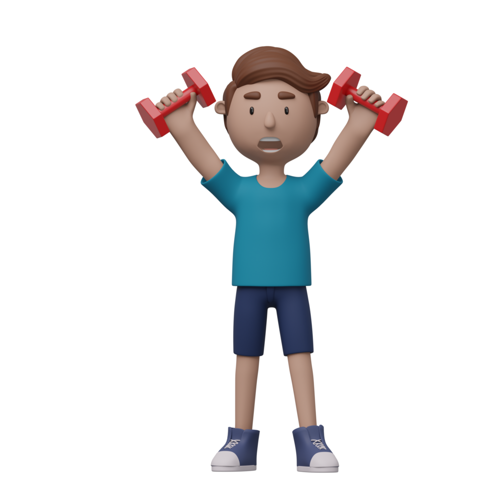 A cartoon man is lifting weights with red dumbbells. He is wearing a blue shirt and blue shorts. 3d render png