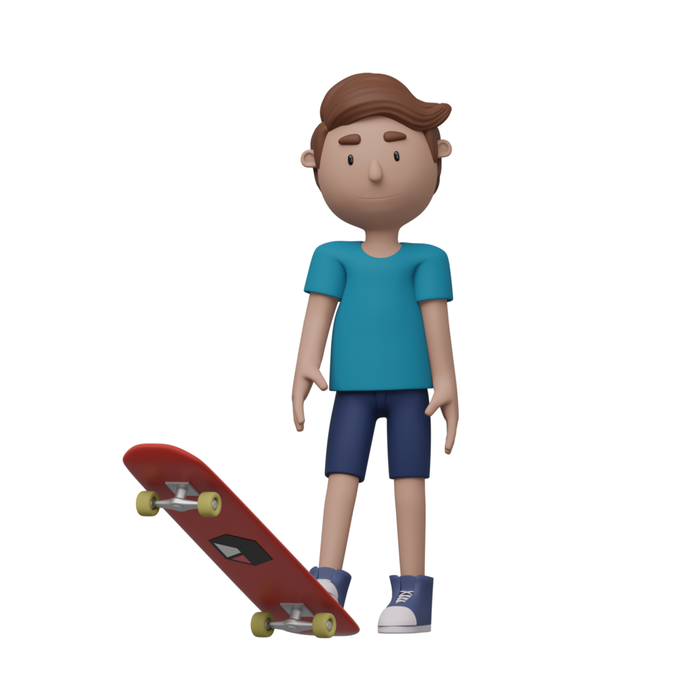 ein Karikatur Junge ist Skateboard fahren. er ist tragen ein Blau Hemd und Blau kurze Hose. 3d machen png
