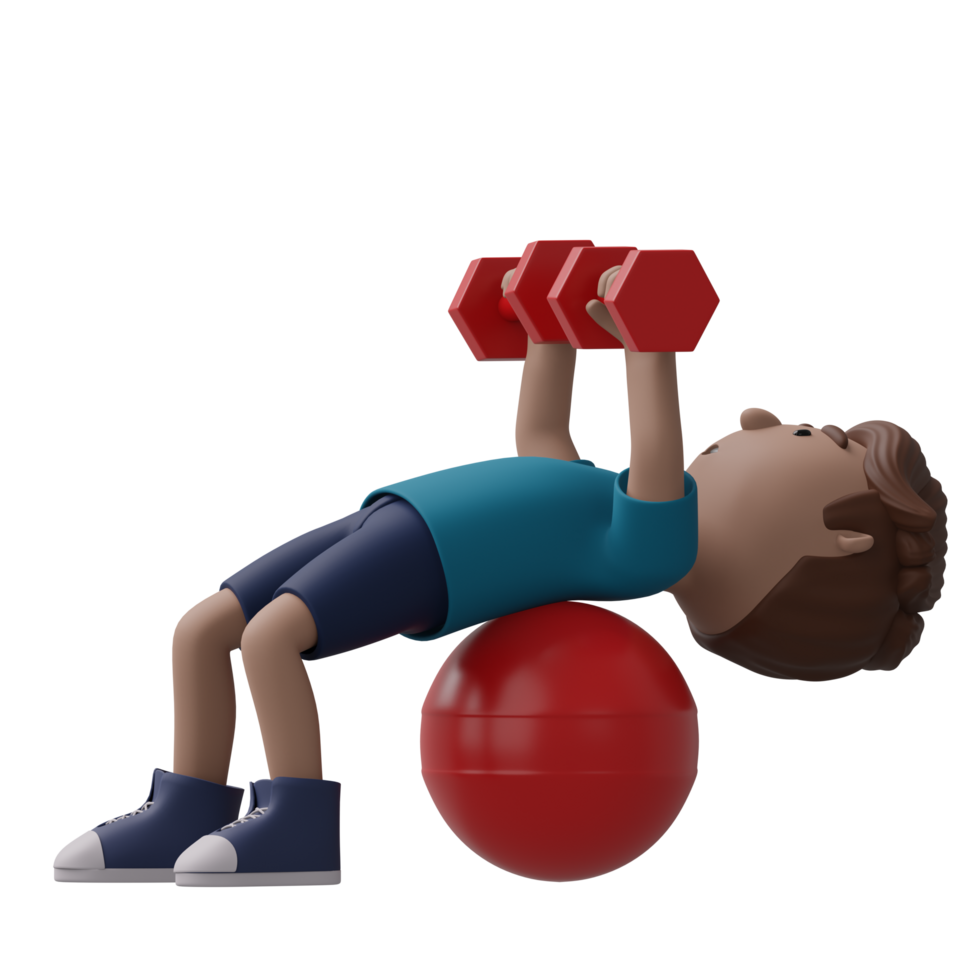 A cartoon man is lifting weights while balancing on a red ball. 3d render png