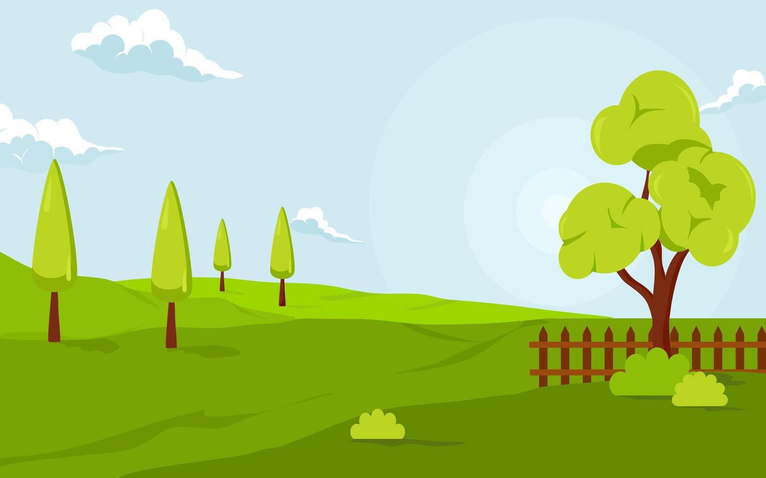 green meadow with trees and wooden fence vector