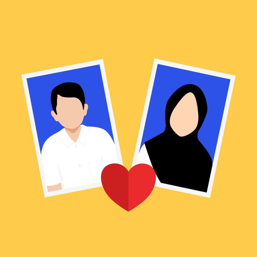 Indonesia formal muslim couple portraits, marriage book theme. Man and woman photos with white shirt and blue background vector