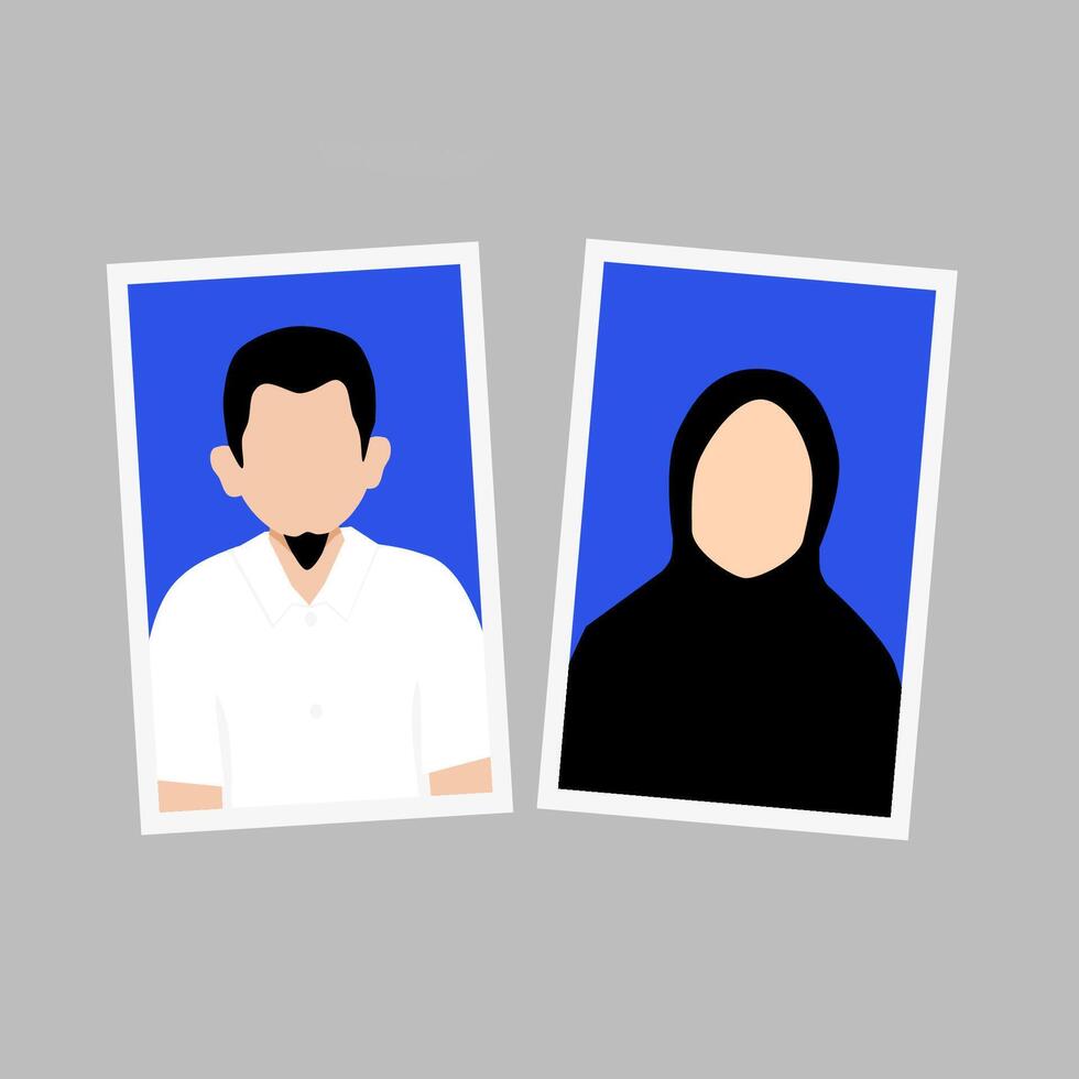 Indonesia formal muslim couple portraits, marriage book theme. Man and woman photos with white shirt and blue background vector