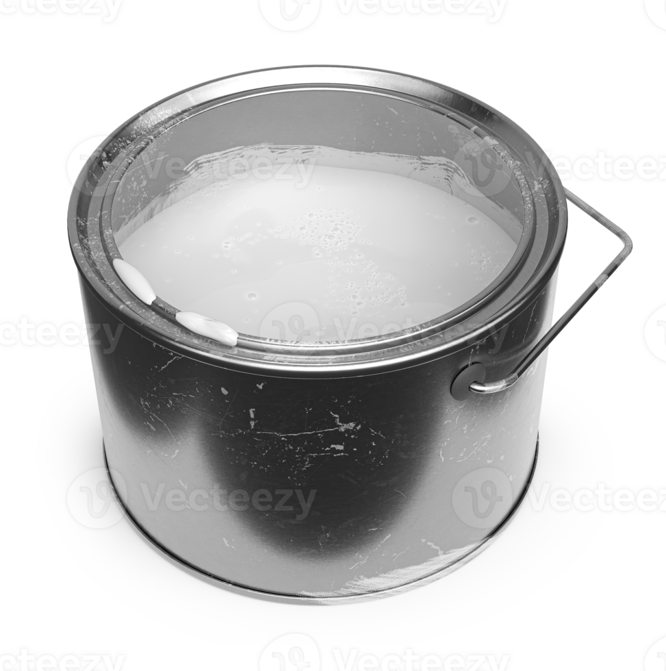 scratched metal paint can, with white paint inside the can, spattering with white drops, can with handle png