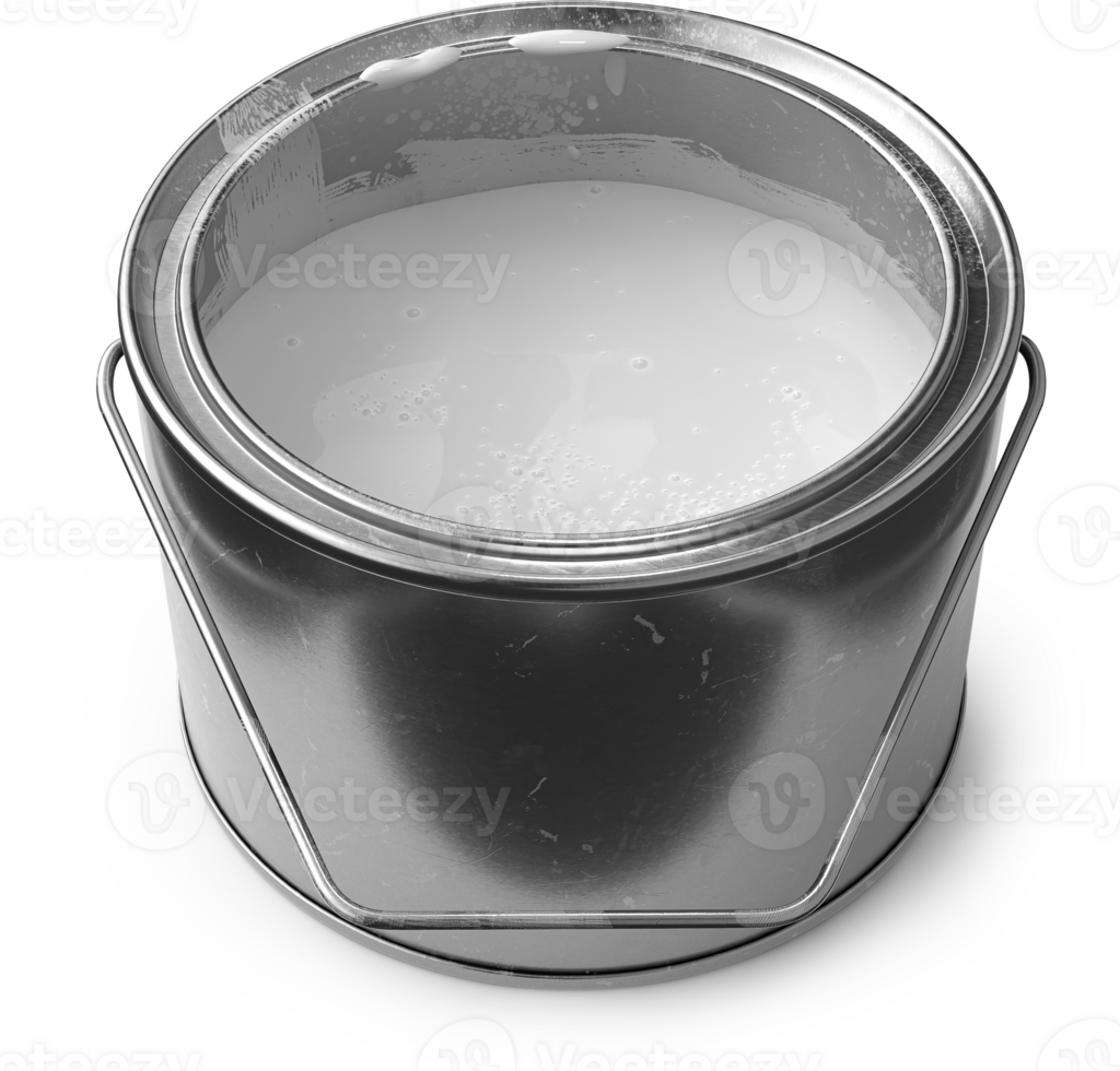 scratched metal paint can, with white paint inside the can, spattering with white drops, can with handle png