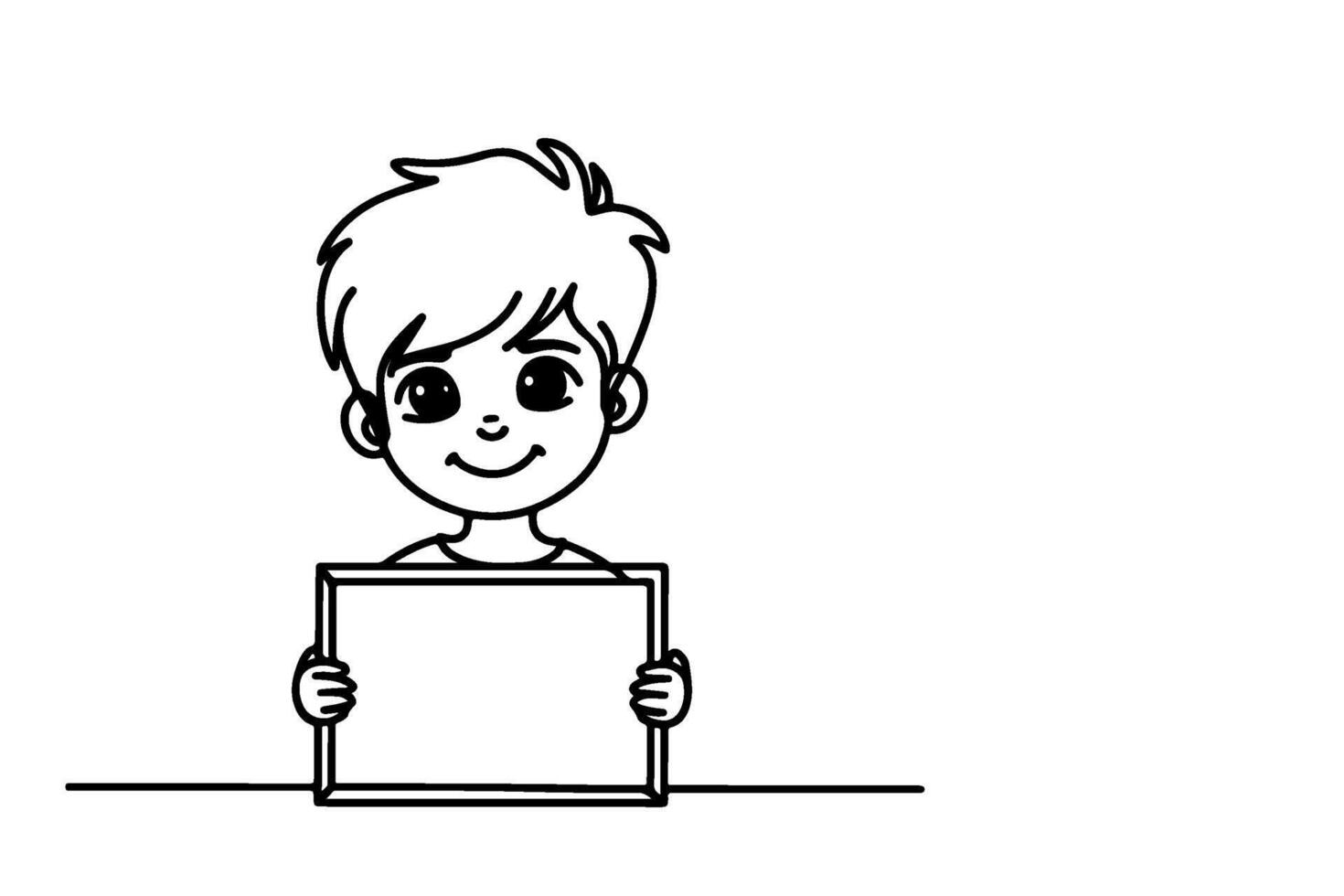 One continuous black line drawing of clipart smiling kid holding empty blank board isolated on white with copy space for text in frame linear sketch doodle vector