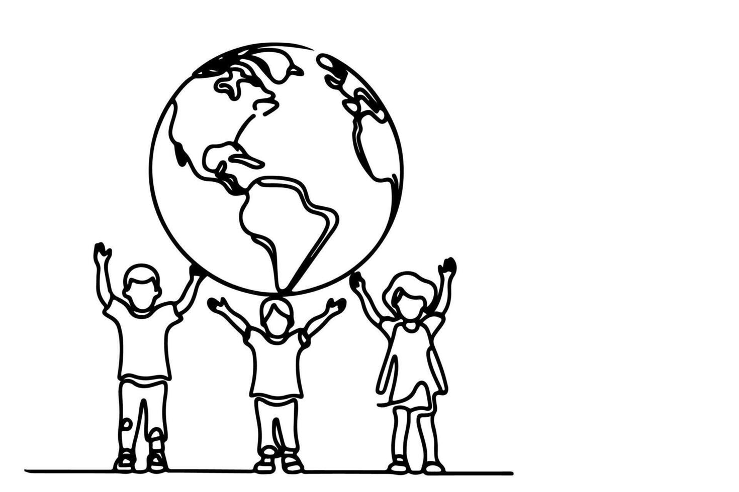 Continuous one line drawing smiling children holding earth globe outline doodle linear happy children day concept on white vector