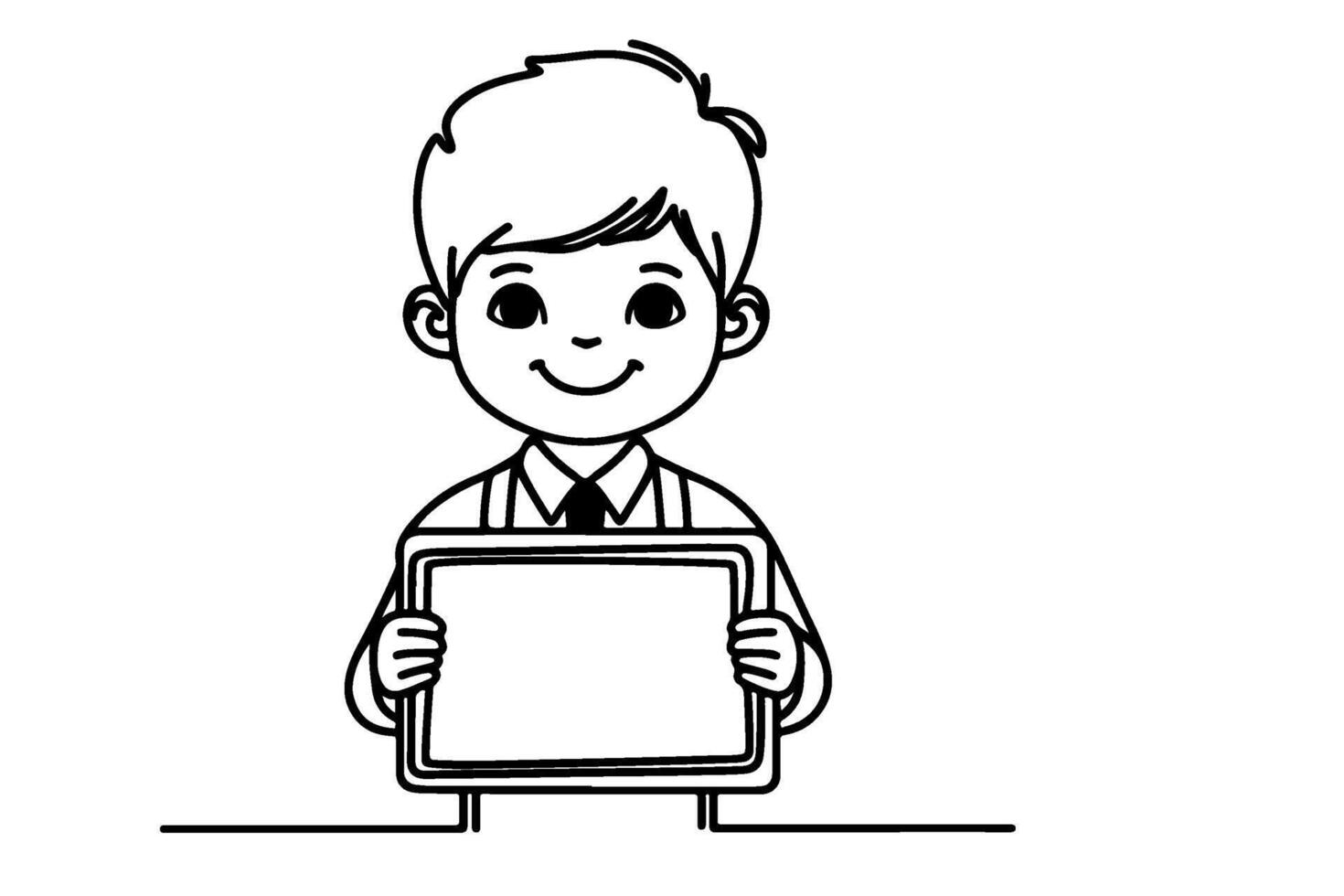 One continuous black line drawing of clipart smiling kid holding empty blank board isolated on white with copy space for text in frame linear sketch doodle vector