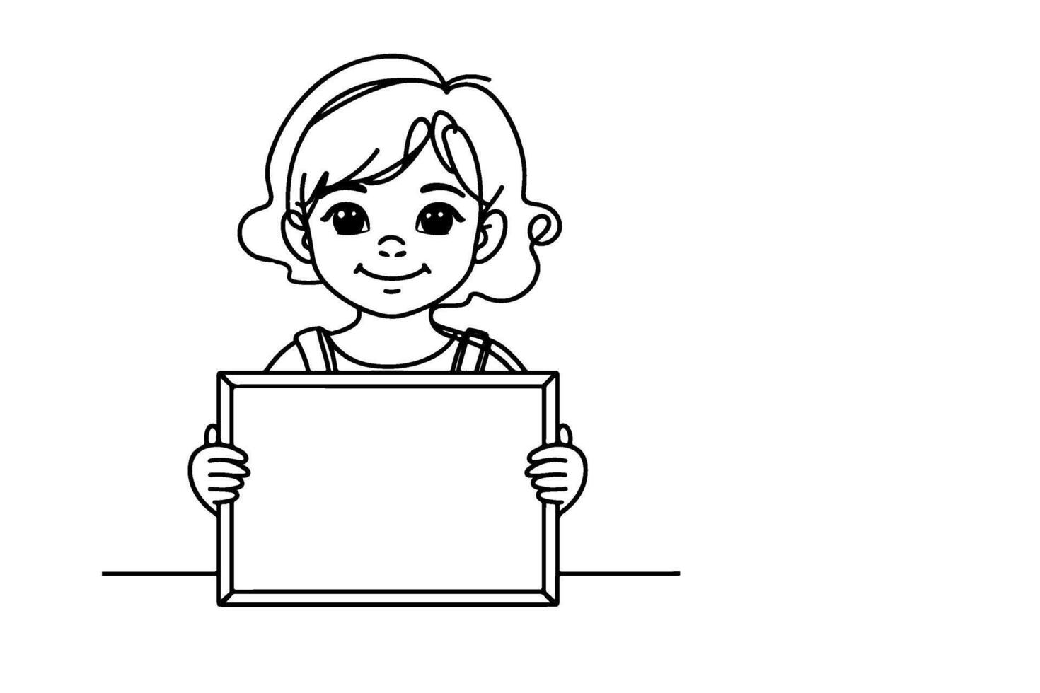 One continuous black line drawing of clipart smiling kid holding empty blank board isolated on white with copy space for text in frame linear sketch doodle vector