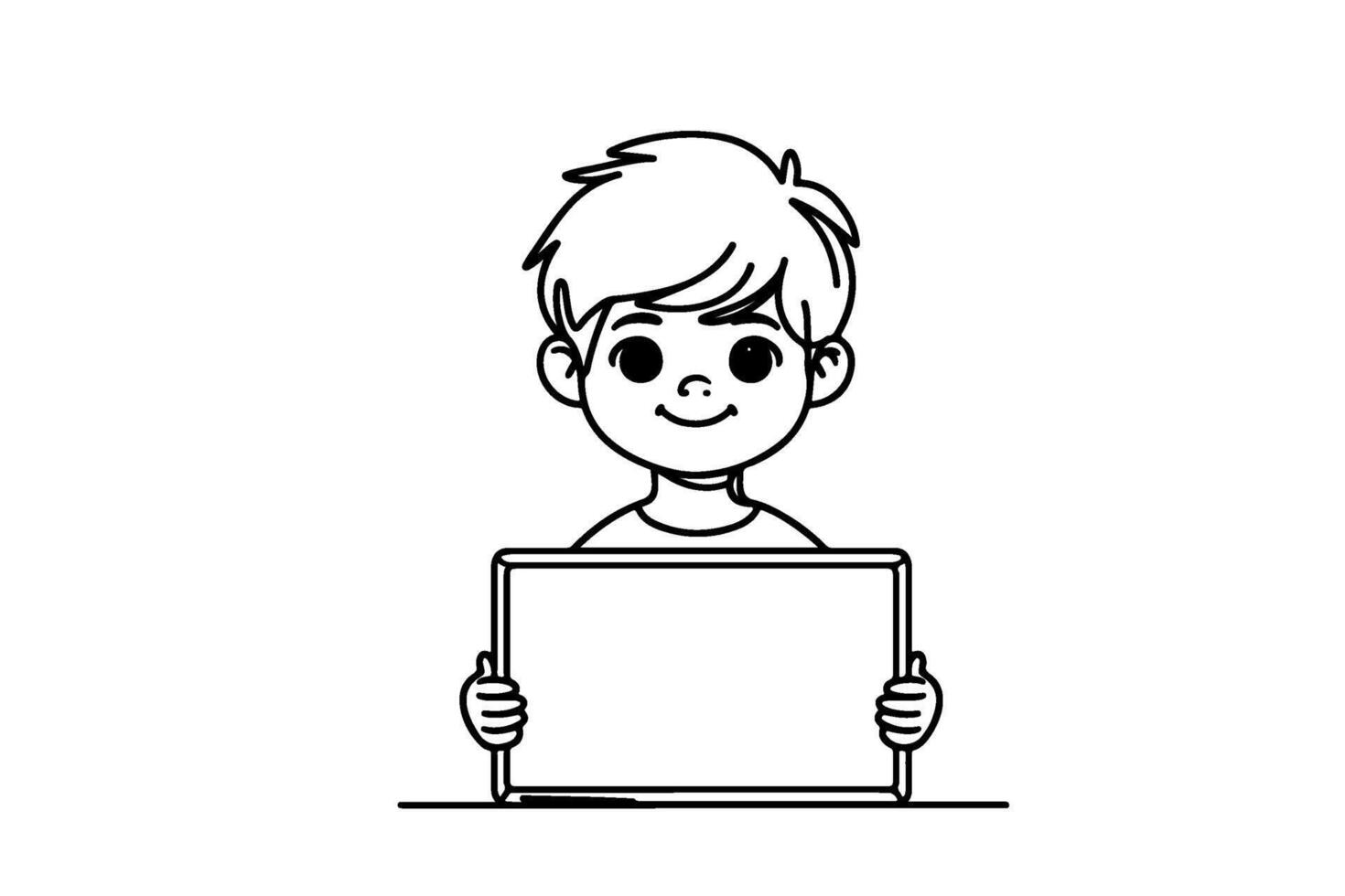 One continuous black line drawing of clipart smiling kid holding empty blank board isolated on white with copy space for text in frame linear sketch doodle vector