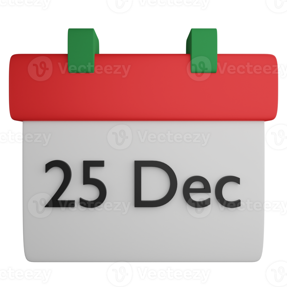 25 Dec on calendar clipart flat design icon isolated on transparent background, 3D render Christmas and New year concept png