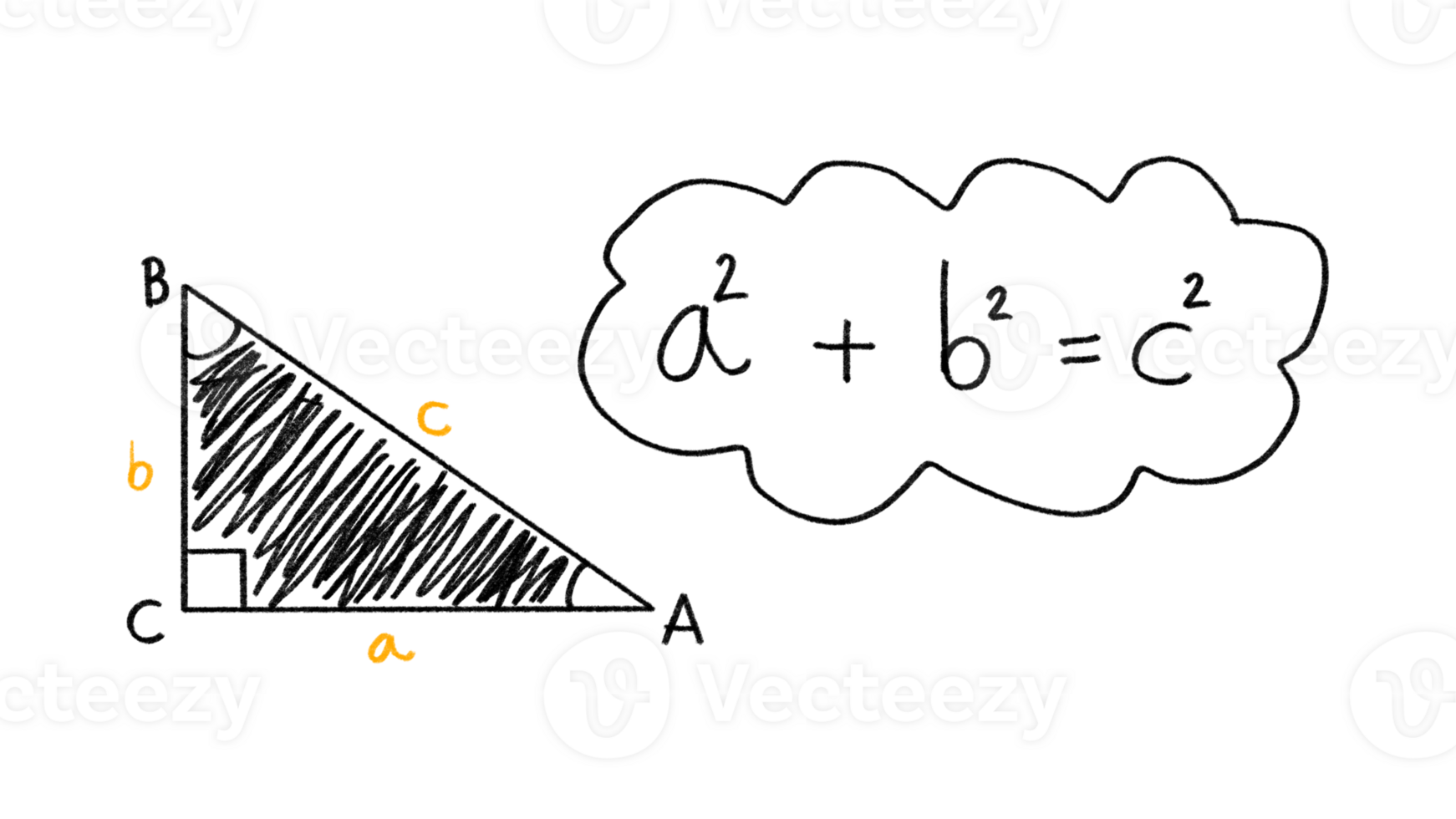pythagorean theorem with right triangle, Pythagoras theorem triangle, Math formula, Handwritten, the square of the hypotenuse side is equal to the sum of squares of the other two sides png