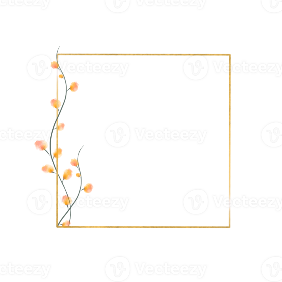 Decorative Gold Square Frame with Orange and Pink Watercolor Plants png