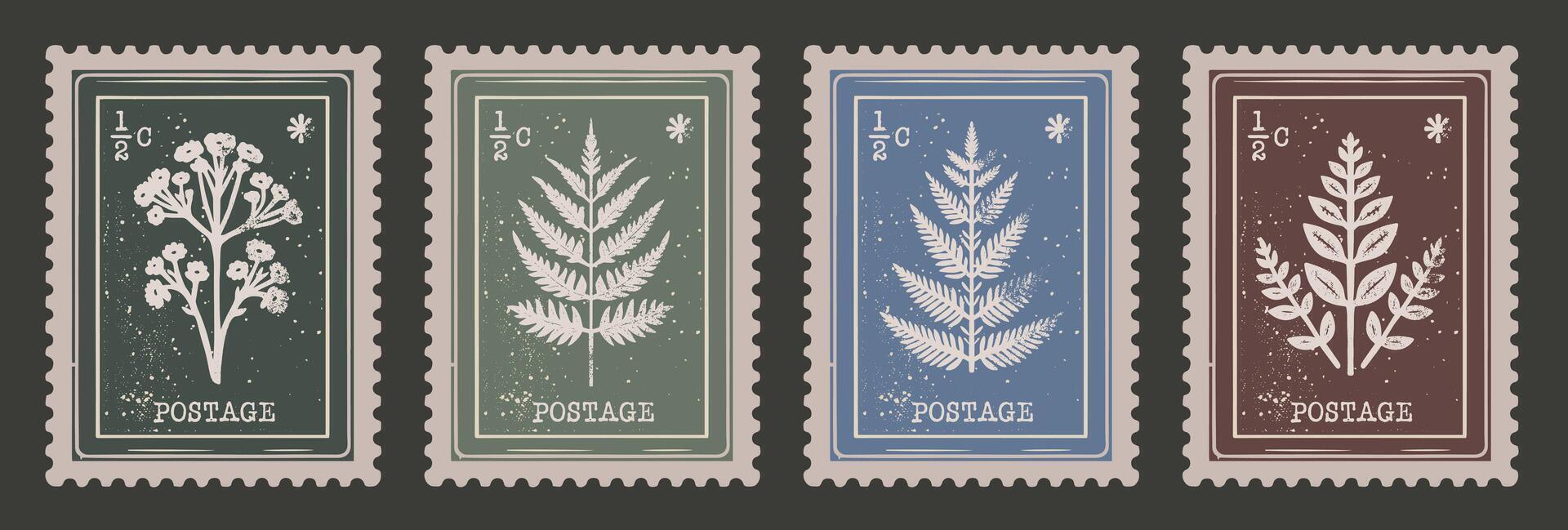 Retro Floral Postage Stamp Collection. Set of Vintage Scrapbooking Post Mail Elements vector