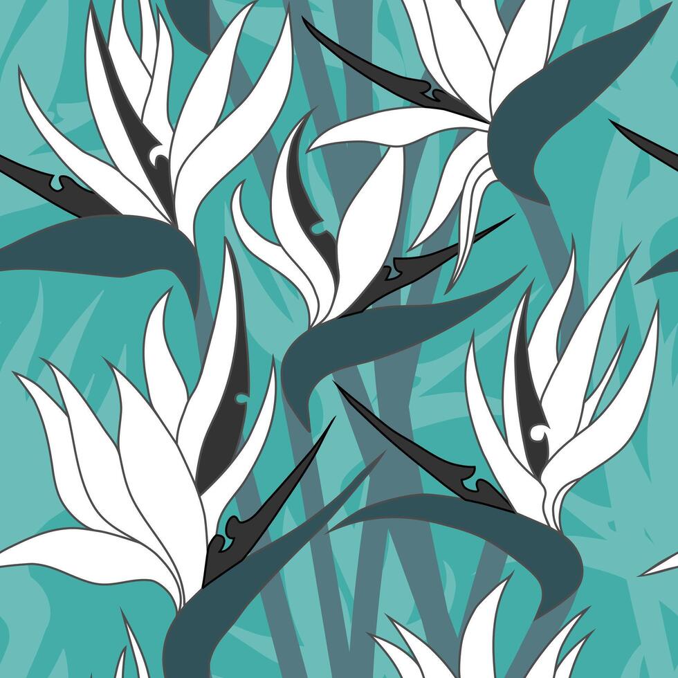 Seamless floral pattern with herbaceous plant of strelitzia. Illustration of plant of bird-of-paradis. For fabric, textile, wrapping paper, cover, package. Flowers and tropical leaves. vector