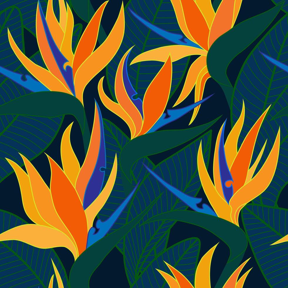 Seamless floral pattern with herbaceous plant of strelitzia. Illustration of plant of bird-of-paradis. For fabric, textile, wrapping paper, cover, package. Flowers and tropical leaves. vector