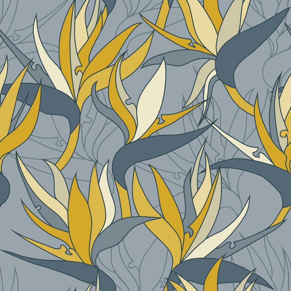 Seamless floral pattern with herbaceous plant of strelitzia. Illustration of plant of bird-of-paradis. For fabric, textile, wrapping paper, cover, package. Flowers and tropical leaves. vector