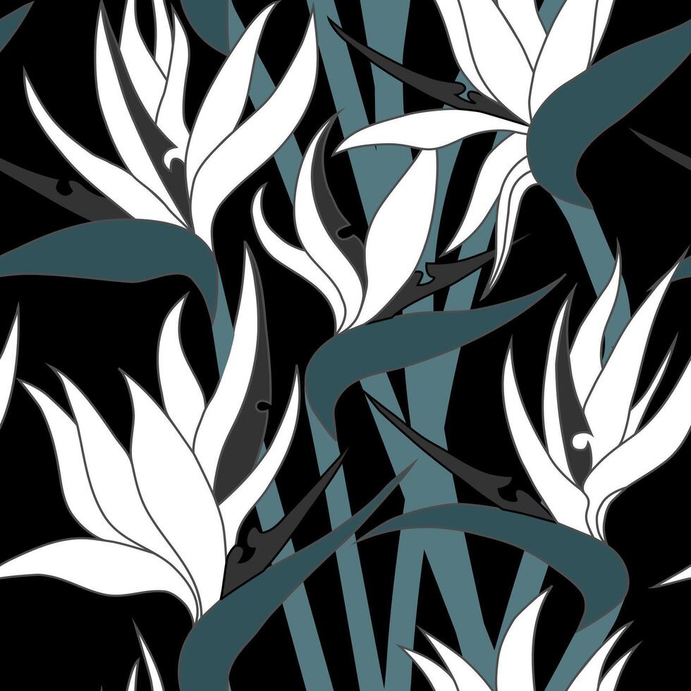 Seamless floral pattern with herbaceous plant of strelitzia. Illustration of plant of bird-of-paradis. For fabric, textile, wrapping paper, cover, package. Flowers and tropical leaves. vector