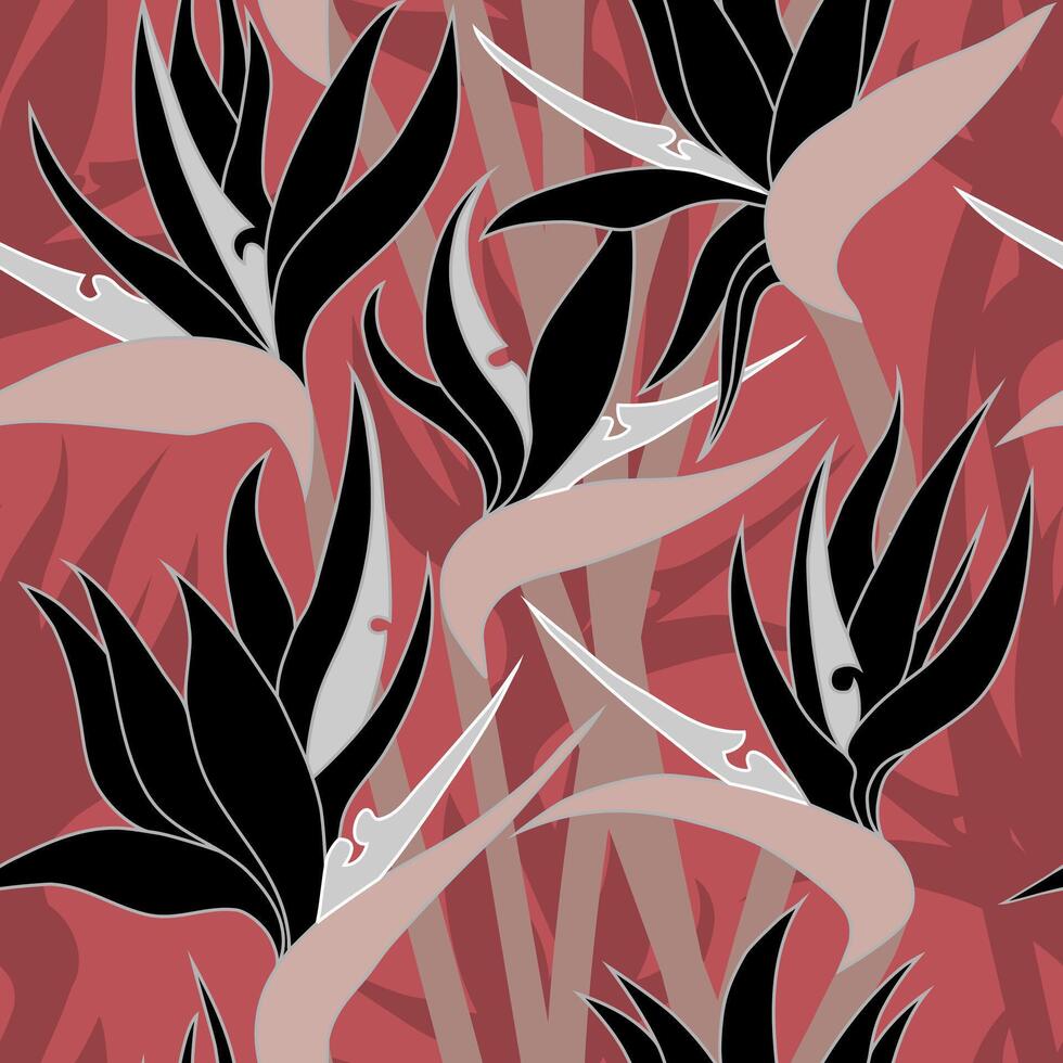 Seamless floral pattern with herbaceous plant of strelitzia. Illustration of plant of bird-of-paradis. For fabric, textile, wrapping paper, cover, package. Flowers and tropical leaves. vector