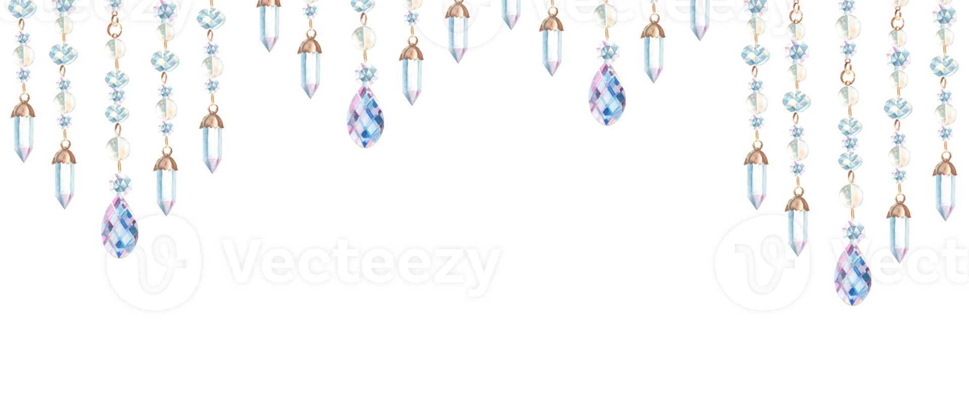Banner with jewelry threads or strings with crystals and glass beads. Watercolor horizontal frame, border. Hand drawn illustration. Perfect as a web banner, card png