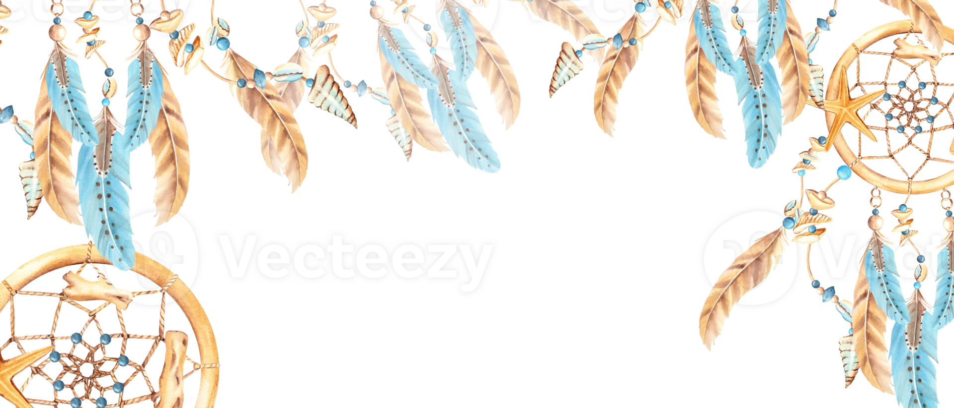 Dream catcher banner with beads, sea shells, sea star and blue and beige feathers. Watercolor horizontal frame, border. Hand drawn illustration. Perfect as a web banner, card and invitation template png